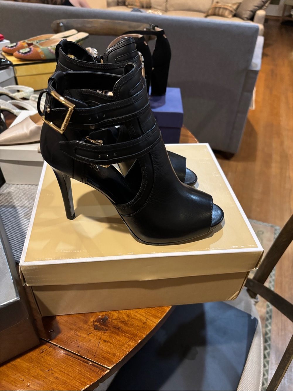 Michael Kors Black Strappy Peep-Toe Stiletto Booties with Buckle